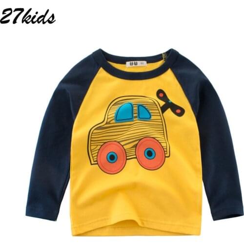 27kids Boys Cartoon Fire truck Print Autumn Clothes Full Sleeve Shirt Girls Cotton Excavator T Shirts Kids Tops for 2-9 years