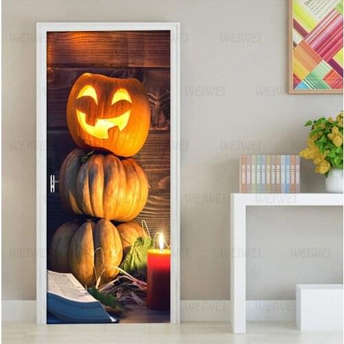 3D Halloween Pumpkin Light Door Sticker Wallpaper PVC Waterproof Self-adhesive Living Room Door Decor Decal Detachable 3D Mural