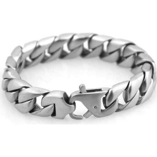 Granny Chic 15mm Stainless Steel Bracelets New Fashion Brushed Silver Color Curb Cuban Chain Men Bracelet Jewelry 7-10 inch