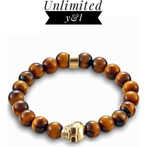 Tiger Eye Stone Elastic Bead Strand Bracelets Thomas Style Gold Color Skull Hero Beads Skeleton Fashion Jewelry for Women Men