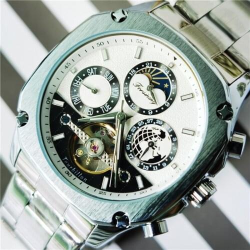 Forsining 2020 Automatic Mechanical Watch For Men Square Tourbillon Moonphase Male Stainless Steel Wristwatch Reloj Hombres