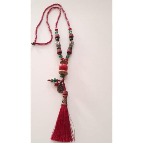 Goodtime Long Ethnic Necklace Wood & Glass & Indian Beads Womens Handmade Jewelry