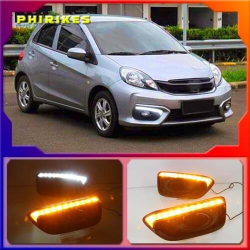 2Pcs DRL For Honda Brio 2016 2017 Car 12V LED Daytime Running Light Fog Lamp cover daylight ABS with Yellow turn signal