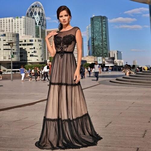 Elegant Lace Appliques A Line Evening Dress 2021 Sleeveless Black and Nude Prom Dresses vestidos de fiesta