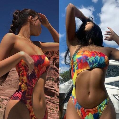 FUFUCAILLM Irregular Hollow-out Swimwears Women Swimsuit Backless Off-Shoulder Watercolor Painting Beachwear Bikini Femme 2021