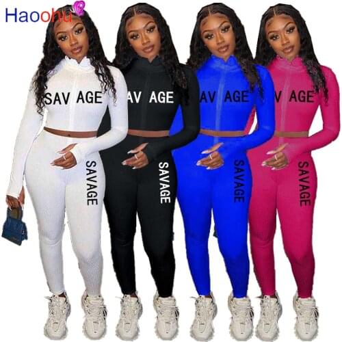 HAOOHU Activewear Letter Embroidery Knitted Women Suit Zipper Tops Legging Pant Set Tracksuit Fitness Outfit Matching 2Pcs Set