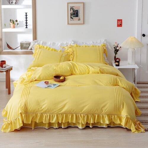 4Pcs All cotton Solid color Princess style bedding sets queen king size duvet cover set bed skirt set pillowcase bedclothes