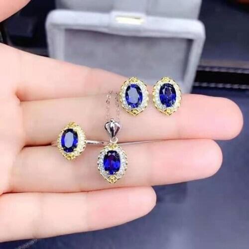 Natural Sapphire S925 Sterling Silver Earring Ring Pendant Necklace Set for Anniversary Gift Fine Jewelry for Women MeibaPJ FS