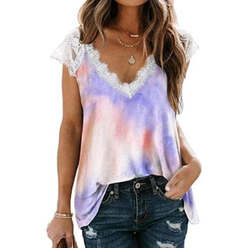Summer Ladies Lace Gradient Color Printed Casual V-Neck Short Sleeve T-Shirt Blouse Women Tie-dyed Tops