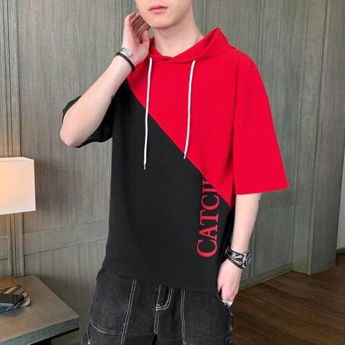Fashion Hooded Mens T-Shirt Casual Patchwork O-Neck Loose Hooded Black Red Top 2021 New Summer Street Fashion Clothing M-3XL