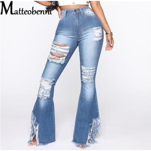 Fashion Denim Flare Pants Women High Waist Retro Ripped Jeans Wide Leg Trousers Lady Casual Bell-Bottoms Flare Pant Tassel Jeans