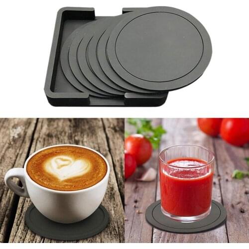 7pcs Non-slip Table Coaster Set Heat Resistant Silicone Mat Drink Glass Black Coasters Kitchen Accessories Coffee Mug Placemat