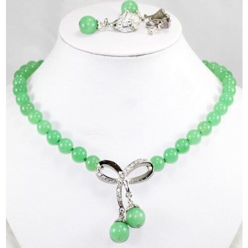 Noblest 8mm 18inch light green Jade beads necklace and light green earrings sets