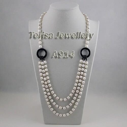 Charming Birthday Party Women Gift Pearl Jewelry White Color AA 6-7MM Rice Freshwater Pearl Agates Beads Necklace