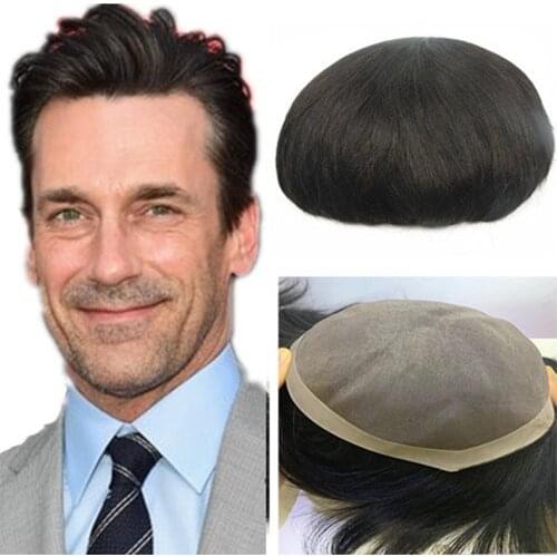 HairPiece Wig Men Toupee Human Hair Wig Natural Handmade Mens Toupee Fine Mono PU Replacement Systems Natural Straight Black
