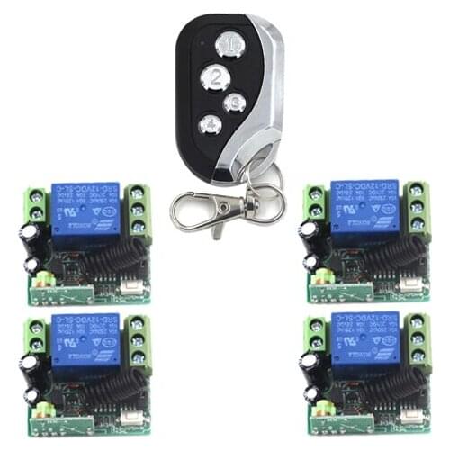 Remote Control Switches 12V DC 1CH Relay Receiver + 200m 4-Button Transmitter 315/433MHZ Learning Code Receiver SKU: 5416