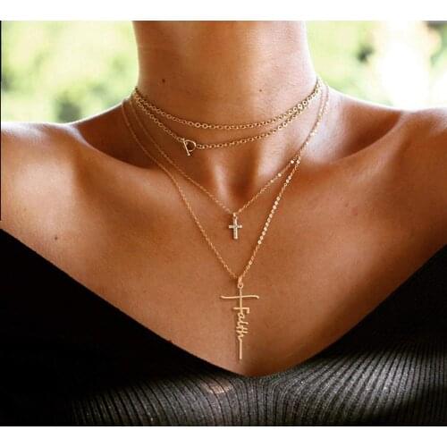 Gift Alloy Big Cross Jesus Faith Trust Believe Pray Grateful Charm Gold Sliver Plated Chains Choker Pendant Necklace For Women