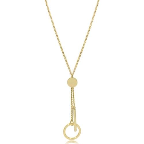 Casual Gold Color Plating Circle Chain Tassel Round Disc Bar Pendant Long Necklace For Women Daily Decoration Jewellry