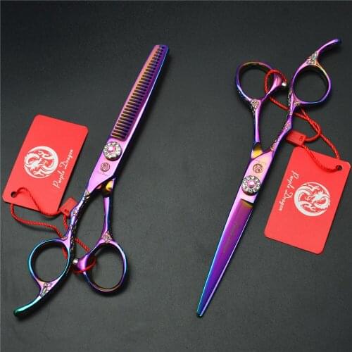 2Pcs Left Hand 6'' 17.5cm Purple Professional Human Hair Scissors Hairdressing Scissors Cutting Shears + Thinning Scissors Z8002