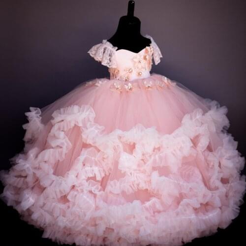 Pink Lace Beaded Flower Girl Dresses Ball Gown Hand Made Flowers Cheap Little Girl Wedding Dresses Vintage Pageant Dresses Gowns