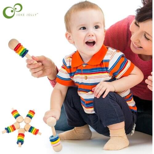 Cute Wooden Baby Rattle Molar Stick Baby Teether Cartoon Light Macaron Rainbow Color Rattle Safe Early Education Toys DDJ