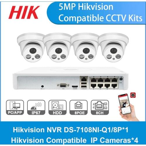 Hikvision Compatible CCTV Kits System 4PCS 5MP IR Day&Night IP Camera Hikvision 8CH PoE NVR DS-7108NI-Q1/8P Video CCTV Security