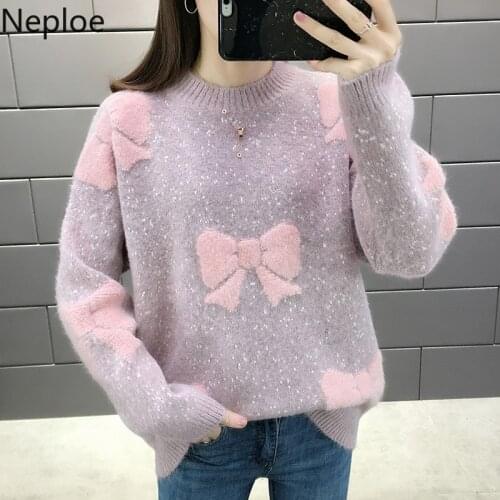 Neploe O Neck Autumn Winter Korean Loose Thicked Sweater Elegant Patchwork Bow Bottom Pullover Pull Femme Knit Jersey Mujer