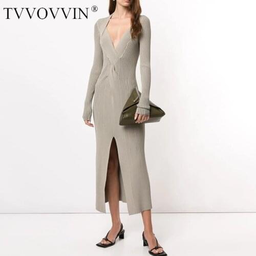 TVVOVVIN Knitted Women Dress Temperament Dresses Deep V Neck Long Sleeve Maxi Dress Twist Pleated Split Knit Ladies Dresses EAC