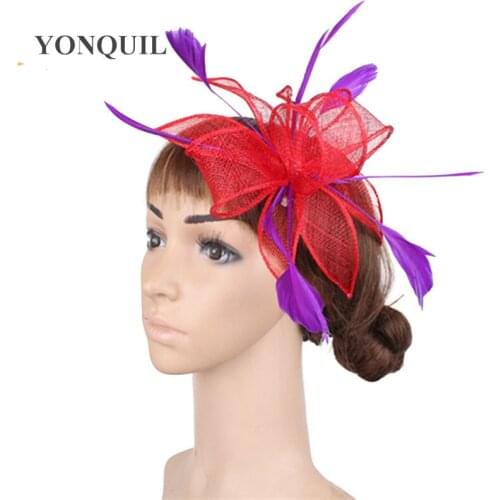 Hairclip Sinamay Red Fascinator Hats With Purple Feather Hair Accessories Kentucky Church Hats Great Cocktail Hats Retail SYF462