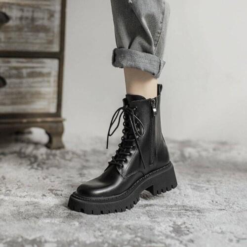 2021 Black Platform Combat Ankle Boots For Women Lace Up Buckle Strap Woman Shoes Winter Biker Boots Big Size