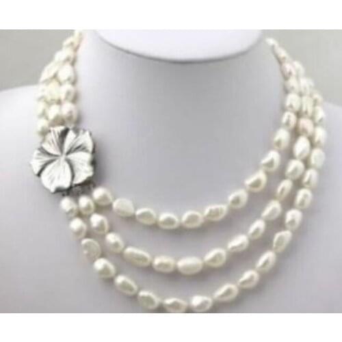 3 Rows White Freshwater Pearl Necklace 7-8mm 18-20