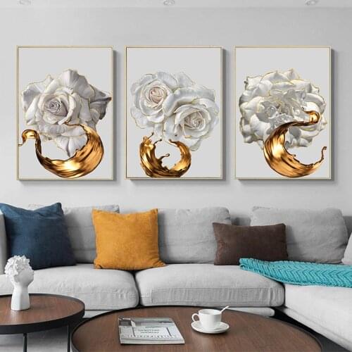 Golden Ink Splash White Rose Flower Abstract Poster Nordic Art Plant Canvas Painting Modern Wall Picture for Living Room Decor