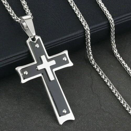 Religious Jewelry Stainless Steel 3 Layers Cross Pendant Necklace for Men Fashion Link Chain Necklace Statement Colar NC127