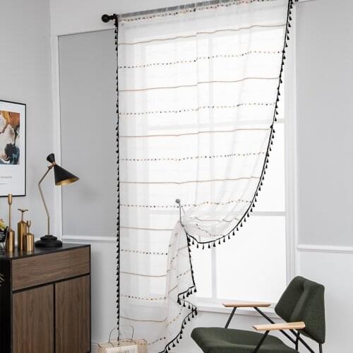 Colorful striped White tulle curtains for living room bedroom black tassel sheer curtain drape window
