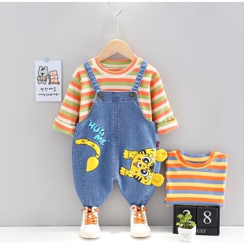 Baby outfit autumn New Girls cowboy Suit Striped T-shirt+Cartoons Denim overalls Kids Clothes boy Girl Set infant Toddler clothe