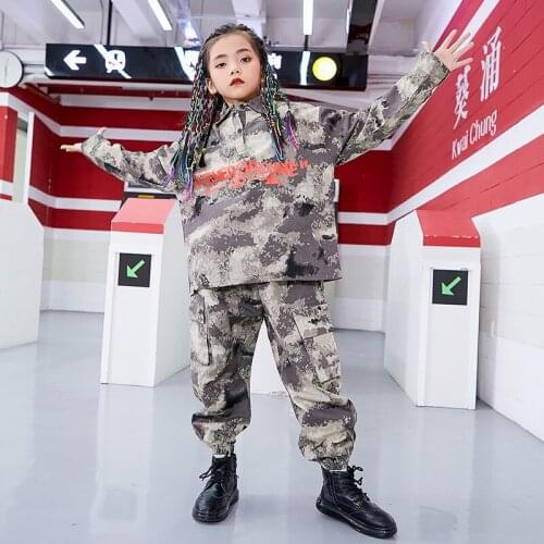 Childrens Hip Hop Clothes Camouflage Suit Girls Jazz Dance Costume Long Sleeves Tops Pants Hiphop Performance Clothing BL5127