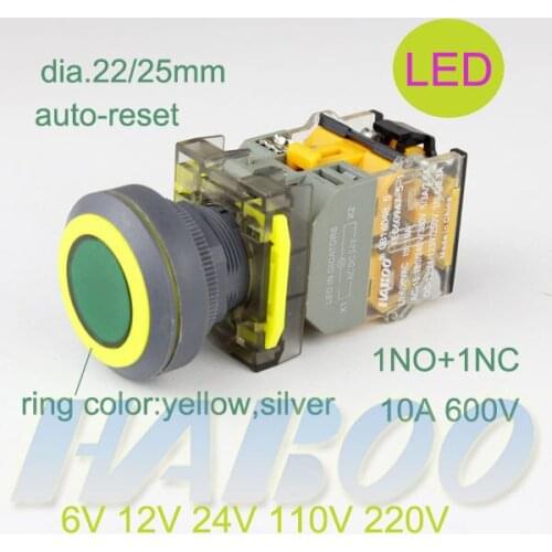 5PCS/LOT dia.22/25mm electrical switch untrathin head push button switch with led auto-reset momentary 6V 12V 24V 110V 220V