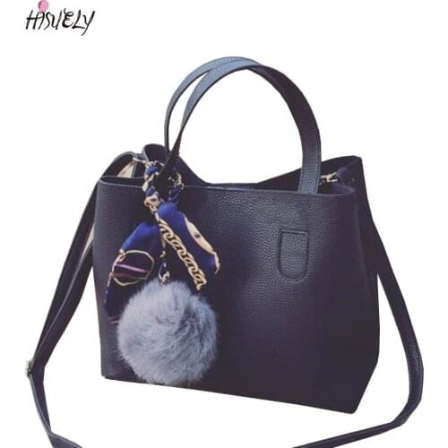 Hot Sale New Hair ball Scarves Women PU Leather Handbags Fashion Designer Black Bucket Vintage Shoulder Bag Message Bag Satchel