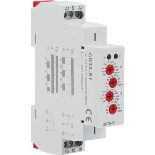 GRT8-S1 Asymmetric Cycle Timer Relay SPDT 220V 16A AC/DC12V-240V Electronic Repeat Relay Wide Delay Time Range