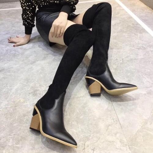KALMALL Nightclub Style Over-The-Knee Boots Stretch Suede Slip-On Thigh High Boots Winter Pointed Toe Wedges Women Long Boots