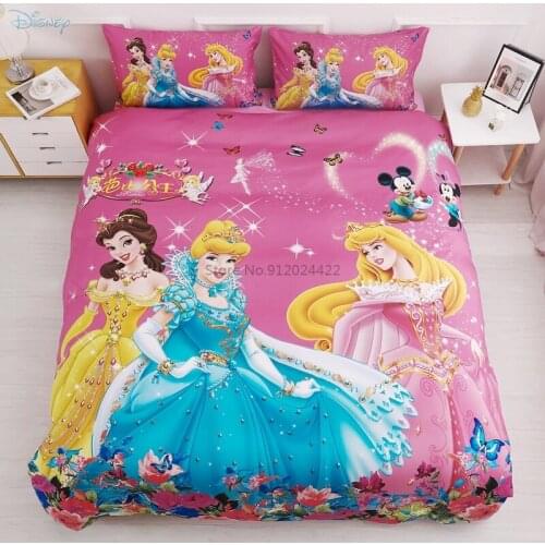Pink Disney Princess Bedding Set Kids Cartoon Girls Duvet Cover Comforter Cover Set Bed Sheet Pillowcases Twin Full Queen Size