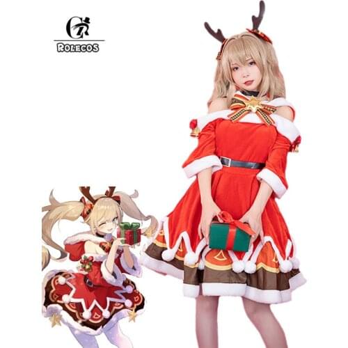 ROLECOS Game Genshin Impact Barbara Cosplay Costume Barbara Christmas Dress Women Red Costume Christmas Party Dress Hat Full Set