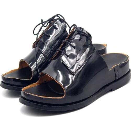 Summer men slippers Personality Hand-cut cowhskin fish mouth open-toe slippers dark street leather drag