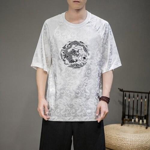 Summer Chinese Dragon Shirt Embroidery Shirts Men Casual Fashion Short Sleeve T-Shirt Retro Hanfu Men Tee Tops Streetwear 30514