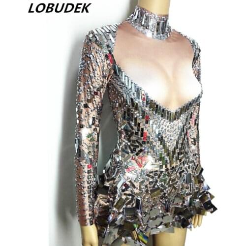 Silver Sequins Mirror Stretch Mini Short Dress Women Birthday Celebration Party Crystal Outfit Bar Stage Dancer Singer Costume