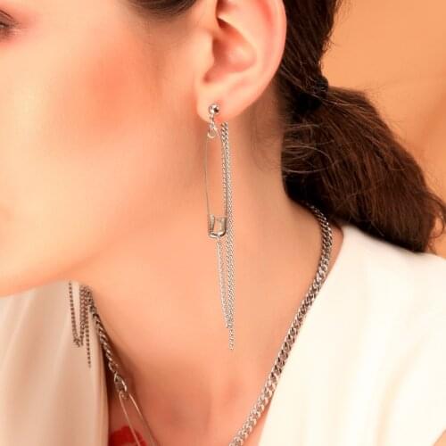 Minimalism Silver Color Clip Pins Cross Layered Chains Pendant Earrings For Women Gift