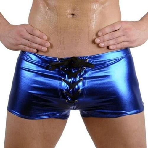 Fashion Club Men\s Lace Up Patent Leather Boxers Underwear Underpants Shorts Underpants Boxers Panties interior hombre Swimwear