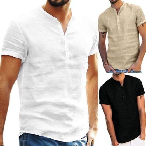 IMCUTE Mens Short Sleeve Cotton Linen Shirt Comfortable Breathable V-neck Button White Shirt Street Casual Loose T-shirt