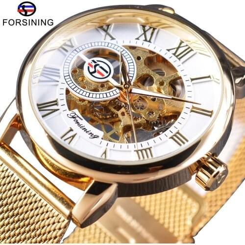 Forsining Mens Mechanical Watches Golden Stainless Steel Band Transparent Back Cover Classic Fashion Skeleton Wristwatches