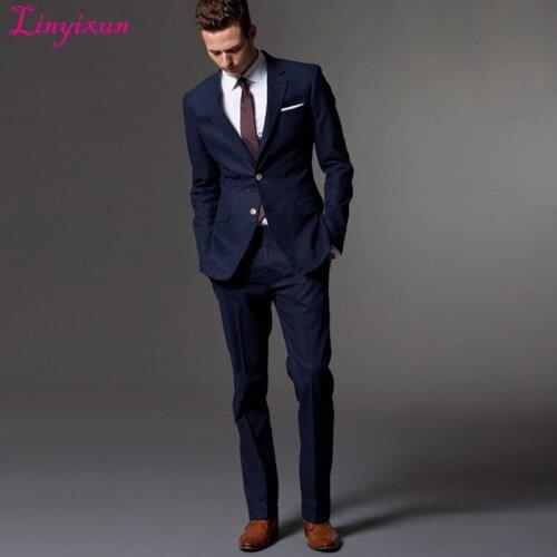 Linyixunnew Tailor Made Suit Bespoke Light Navy Blue Wedding Suits For Men Slim Fit Groom Tuxedos For Dark Blue Men Suit
